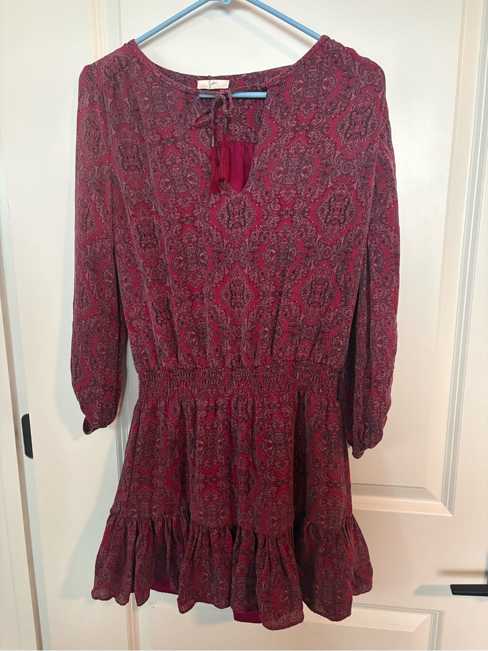 Josie Burgundy Paisley Long Sleeve Ruffle-Hem Dress